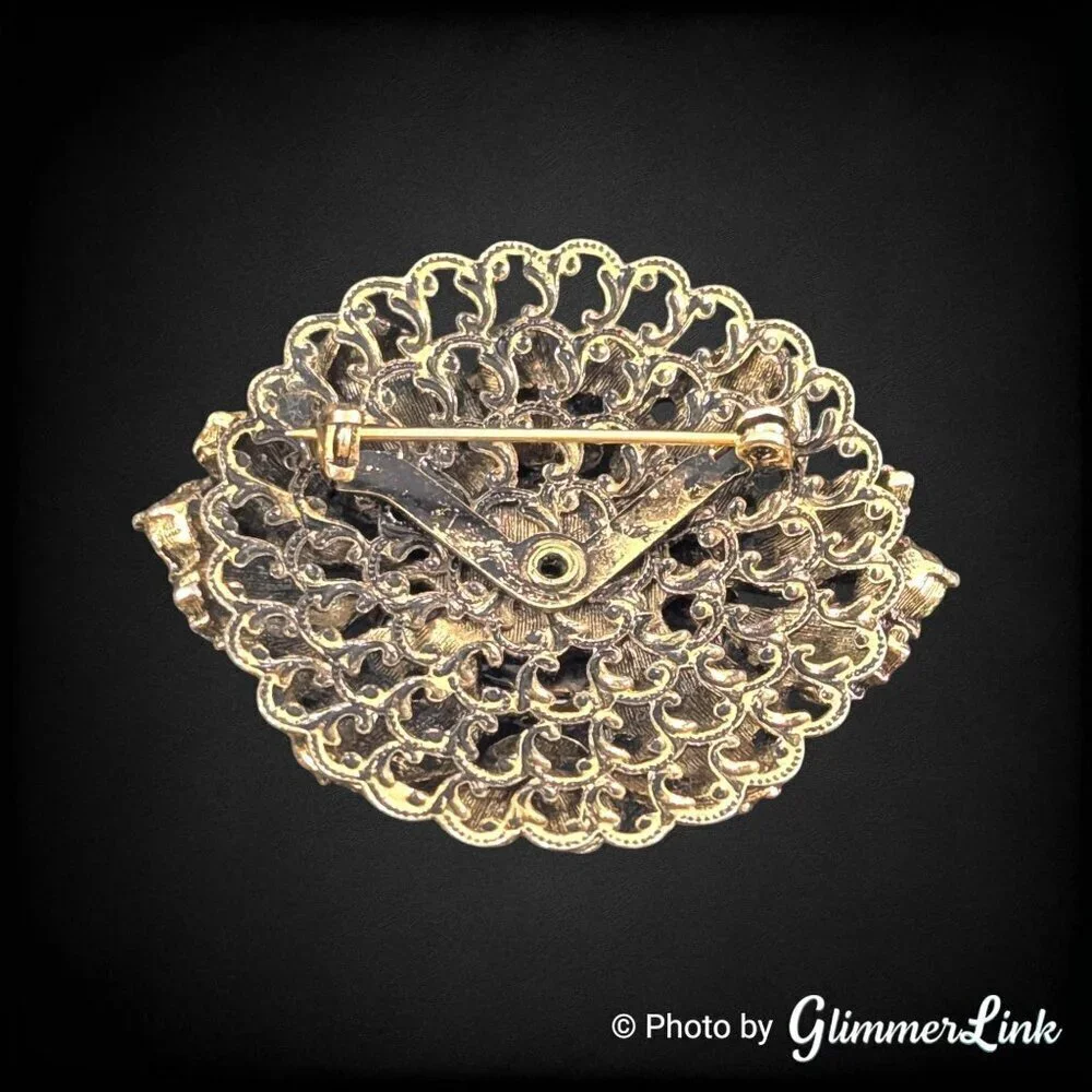 Vintage 70s Floral Leaves Autumnal Layered Ornate Filigree Oval Gold Tone Brooch